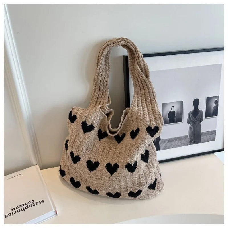 Love Heart Crochet Shoulder Bag | Knitted Woven Tote for Women Crochet Shoulder Bag QXL