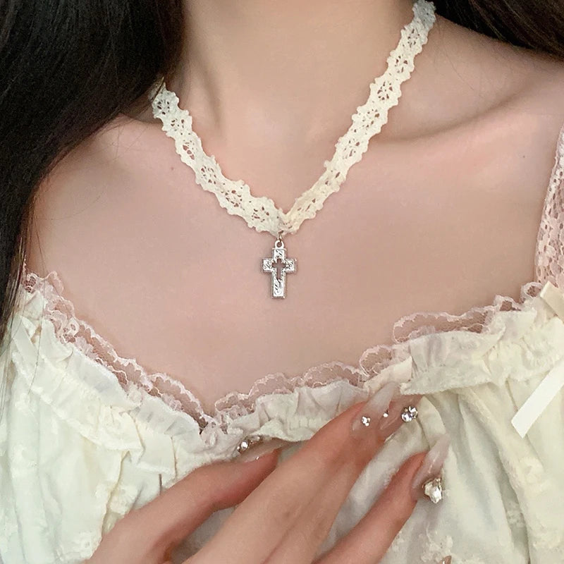 Hollow Cross Pendant Lace Choker Necklace for Women Choker Necklace QXL