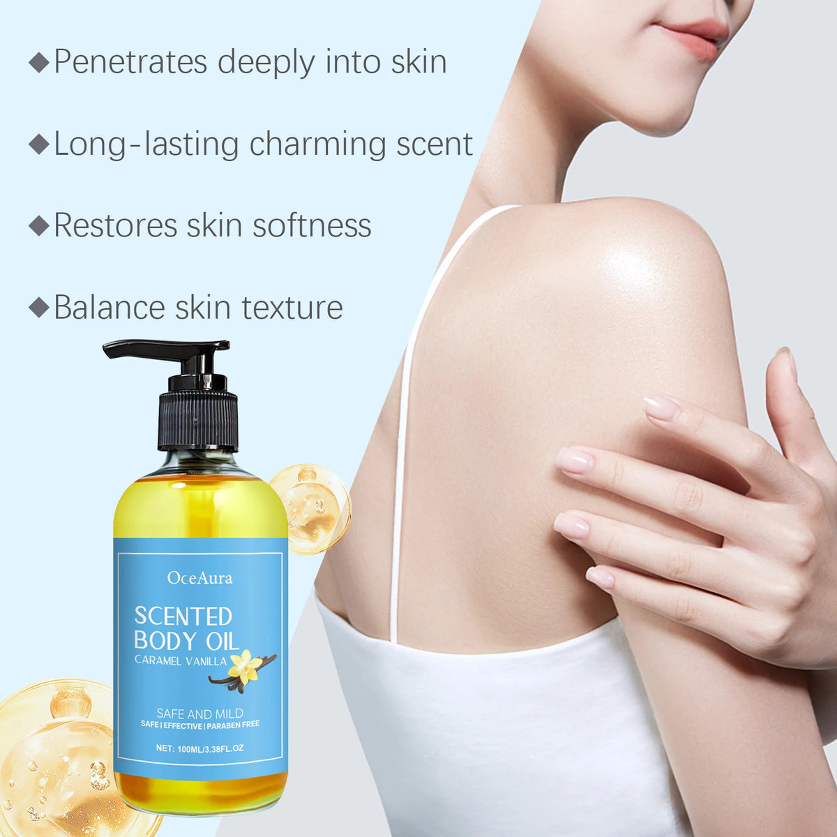 OceAura Caramel Vanilla Body Massage Oil | 100ml Hydrating Skin Body Massage Oil QXL