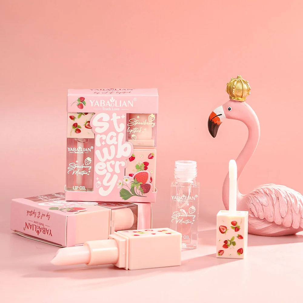 Strawberry Lip Balm & Lip Oil 2-Piece Moisturising Lip Care Set Lip Balm & Lip Oil Set QXL