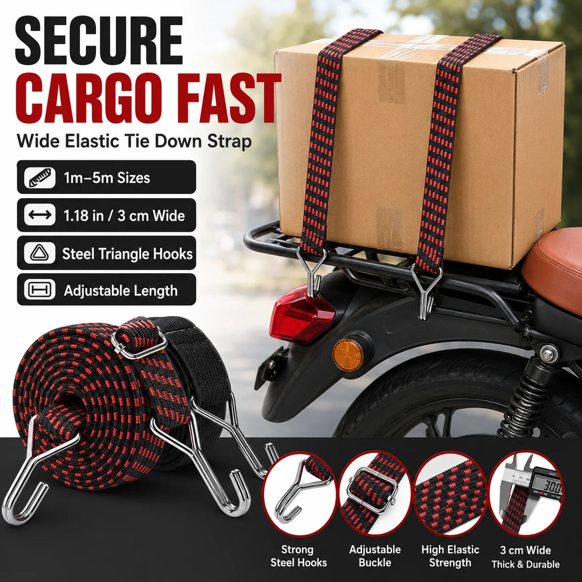 3cm Elastic Cargo Tie Down Strap with Metal Hooks 1–5M Elastic Cargo Strap QXL