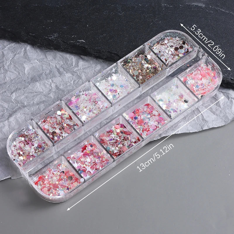 12-Grid Nail Glitter Sequin Set | Star & Heart Flakies Nail Glitter Set QXL D