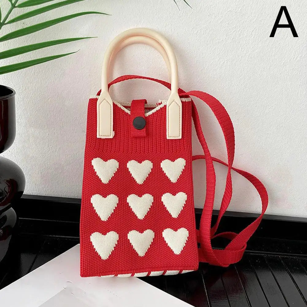 Knitted Heart-Shaped Mini Phone Bag | Crossbody Shoulder Purse Mini Crossbody Bag QXL Red