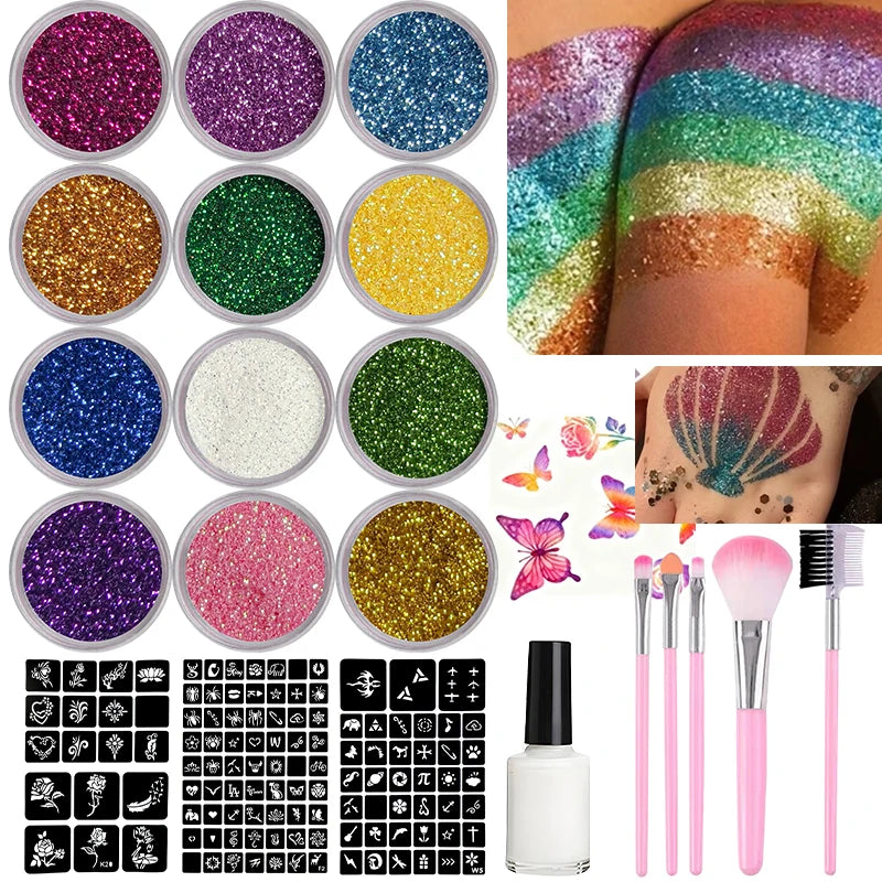 12-Color DIY Glitter Tattoo Kit | Stencils, Glue & Brushes Glitter Tattoo Kit QXL