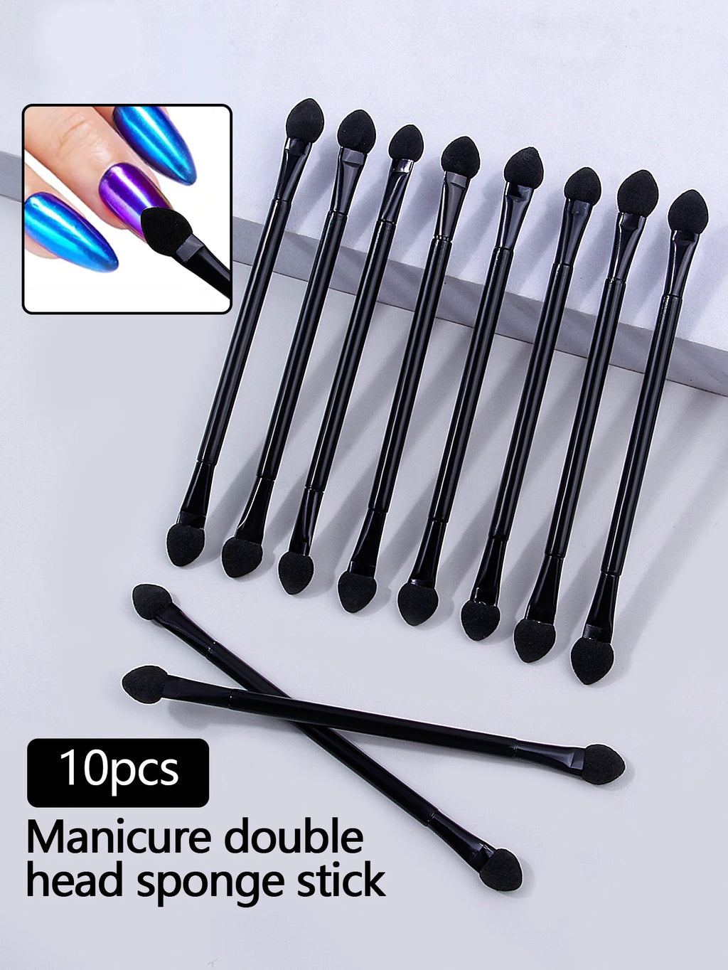 Double-Headed Sponge Stick for Aurora Mirror Chrome Nail Powder Nail Art Applicator QXL black