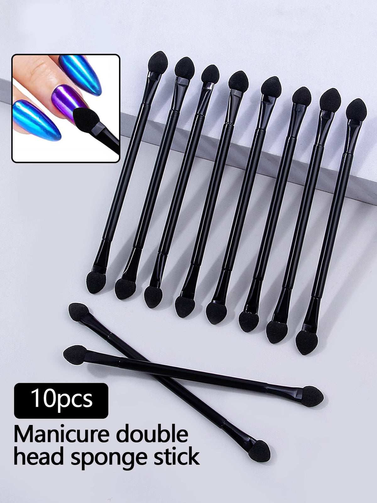 Double-Headed Sponge Stick for Aurora Mirror Chrome Nail Powder Nail Art Applicator QXL black