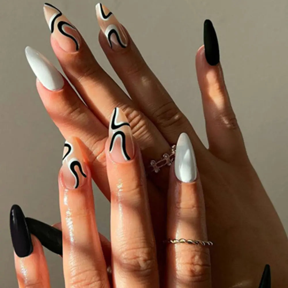 24-Pc Wavy Line Almond & Square Press-On False Nails Set Press-On False Nails QXL