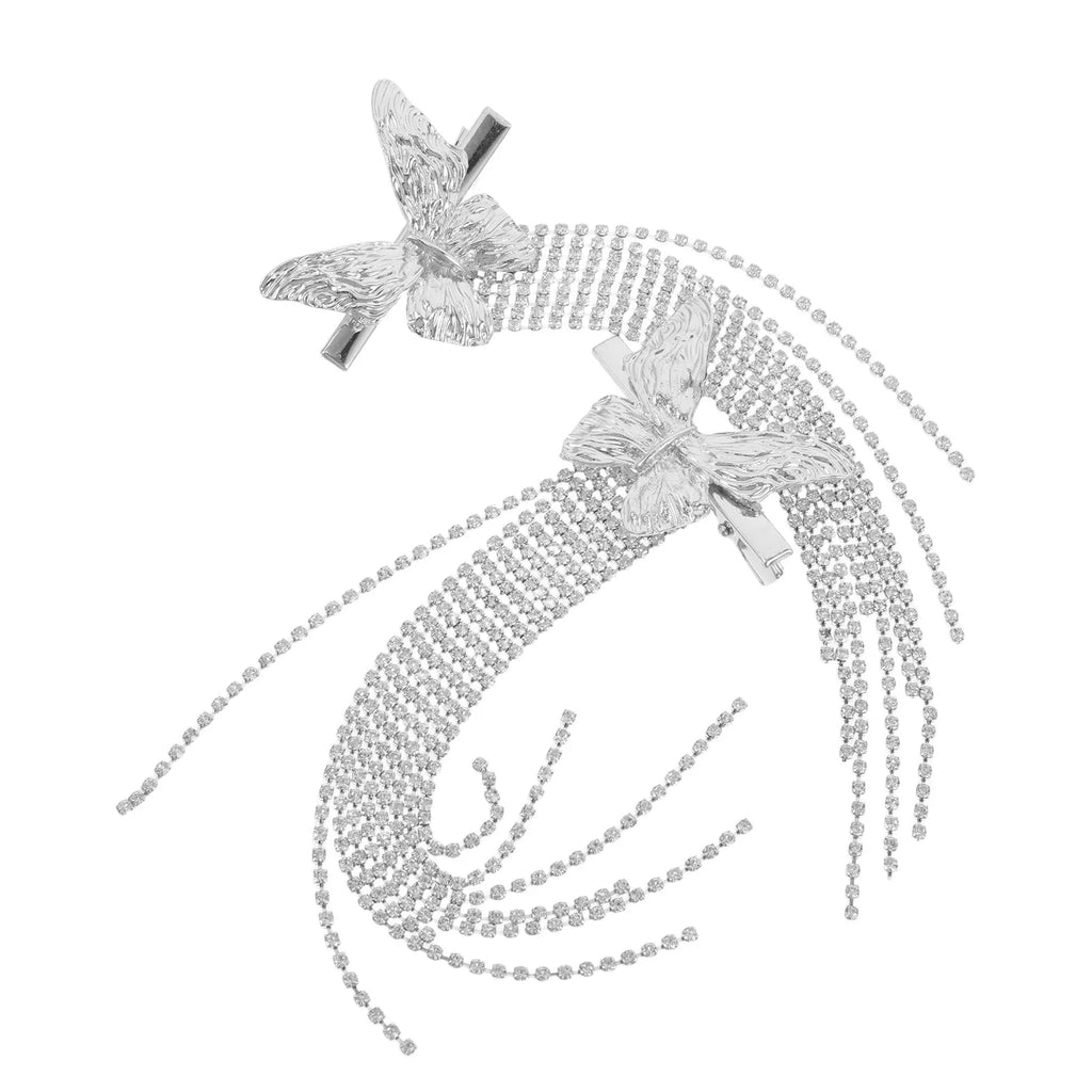Rhinestone Butterfly Tassel Hair Clips | 2-Pack Alligator Barrettes Hair Clips Barrettes QXL