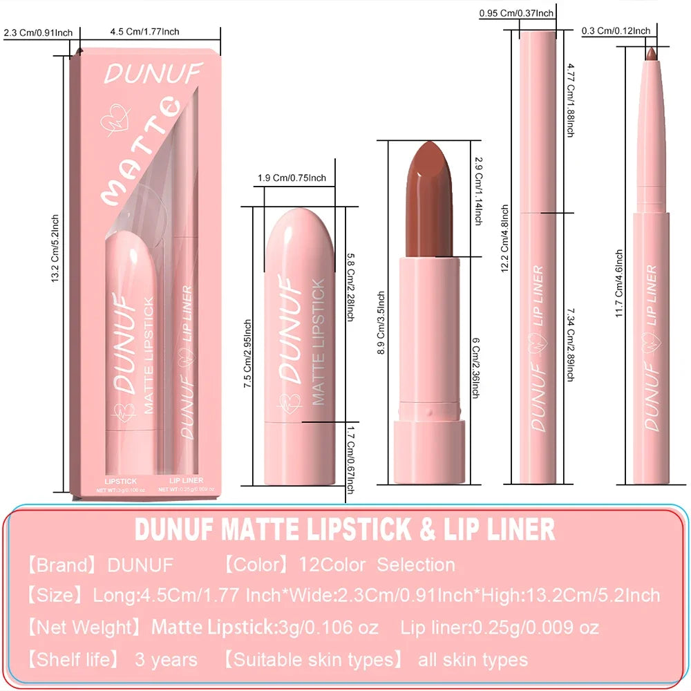 DUNUF Matte Lip Liner & Lipstick Set | 12 Colors Long-Lasting Lip Liner & Lipstick Set QXL