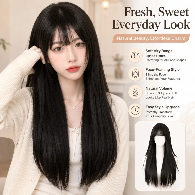 Long Straight Black Wig – Air Bangs & S-Shape Parting Synthetic Hair Wig QXL