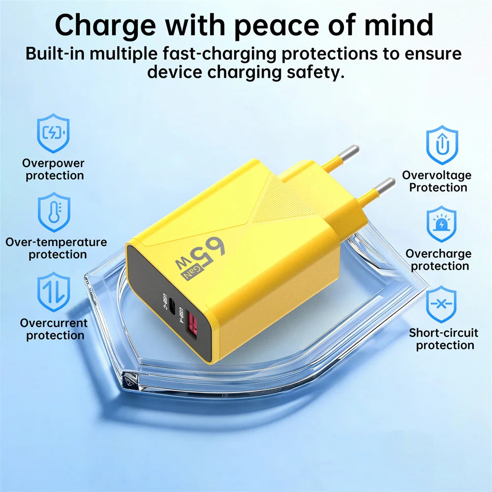 65W GaN USB-C Fast Charger PD3.0 | EU US UK Wall Adapter USB-C Wall Charger QXL