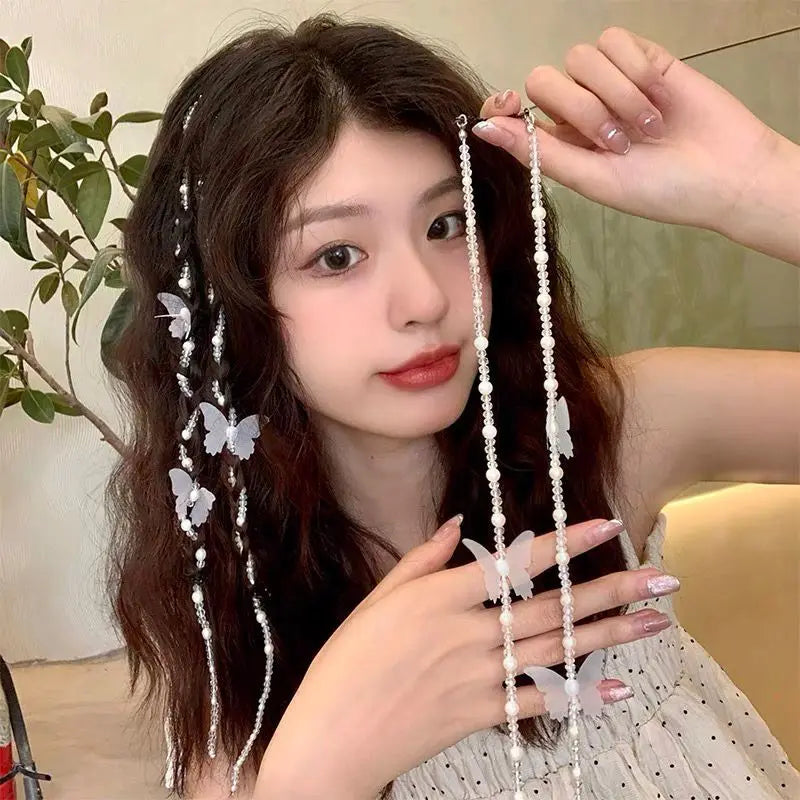 Butterfly Crystal Hairpin & Beaded Braid Hair Chain Clip Crystal Hair Clip QXL 1Pc White