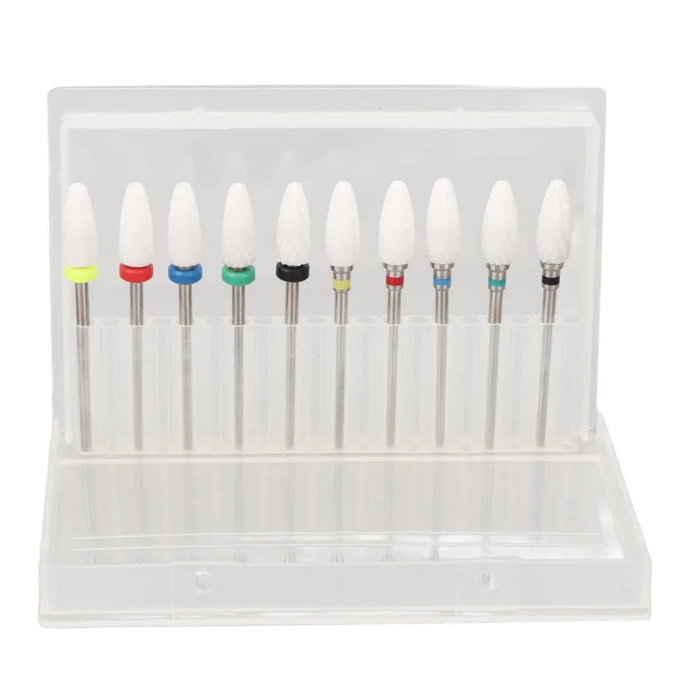10-Pc Ceramic Nail Drill Bits Set with 20-Hole Display Stand Nail Drill Bit Set QXL Light Grey