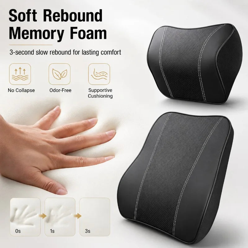 Leather Car Headrest Pillow & Lumbar Cushion | Memory Foam Car Seat Cushion Set QXL
