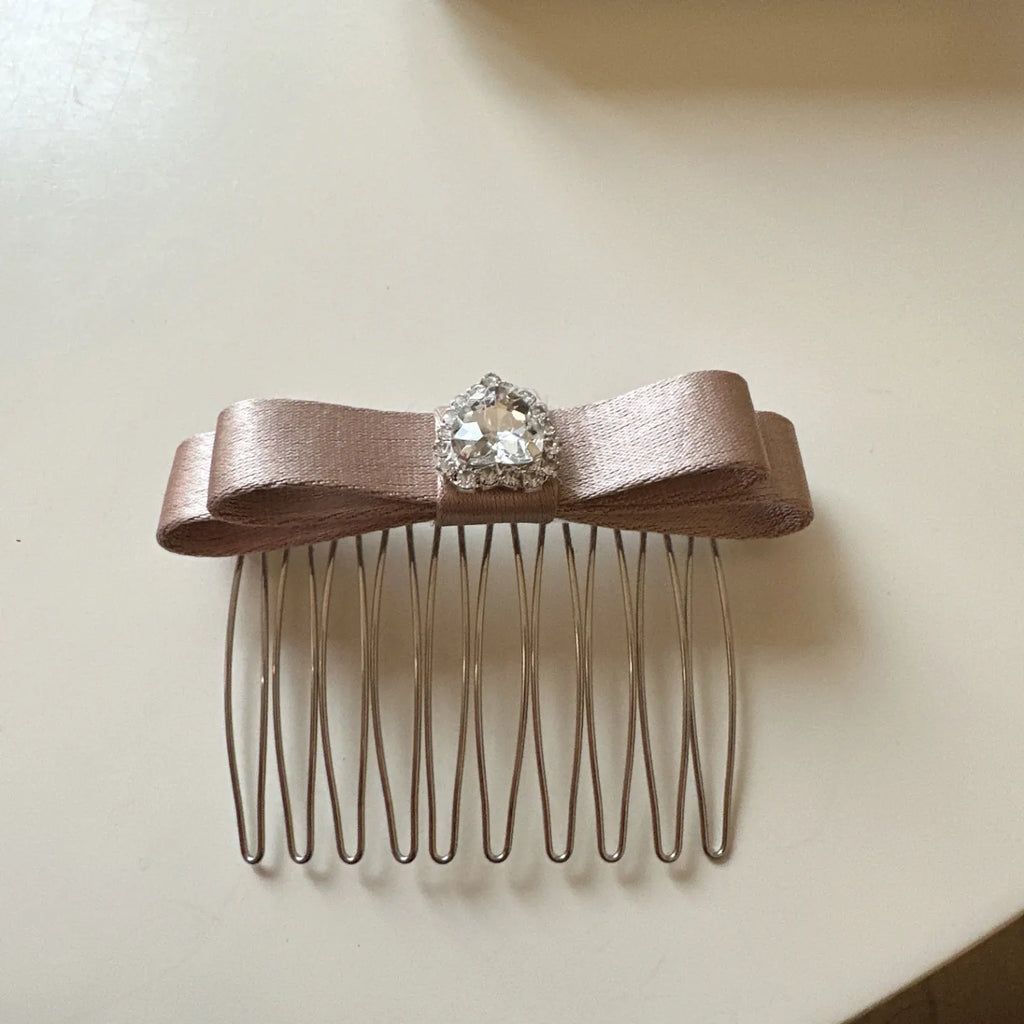 Rhinestone Heart Satin Bow Hair Comb | Crown Volume Style Decorative Hair Comb QXL NO Light Brown5