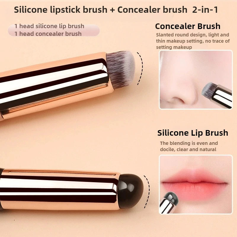 2-in-1 Silicone Lip & Concealer Brush | Wood Handle Travel Cap Lip & Concealer Brush QXL