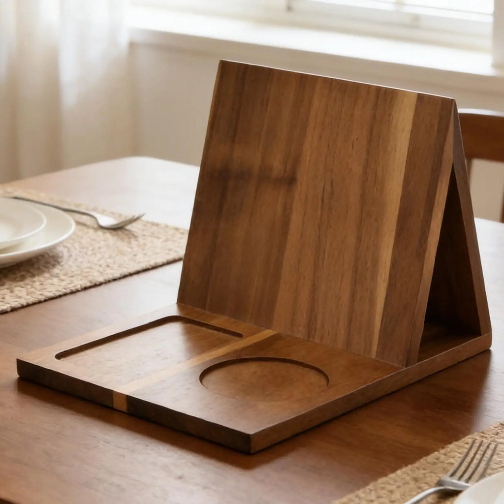 Wooden Book Stand with Drink Holder & Phone Slot | Triangle Wooden Book Stand QXL