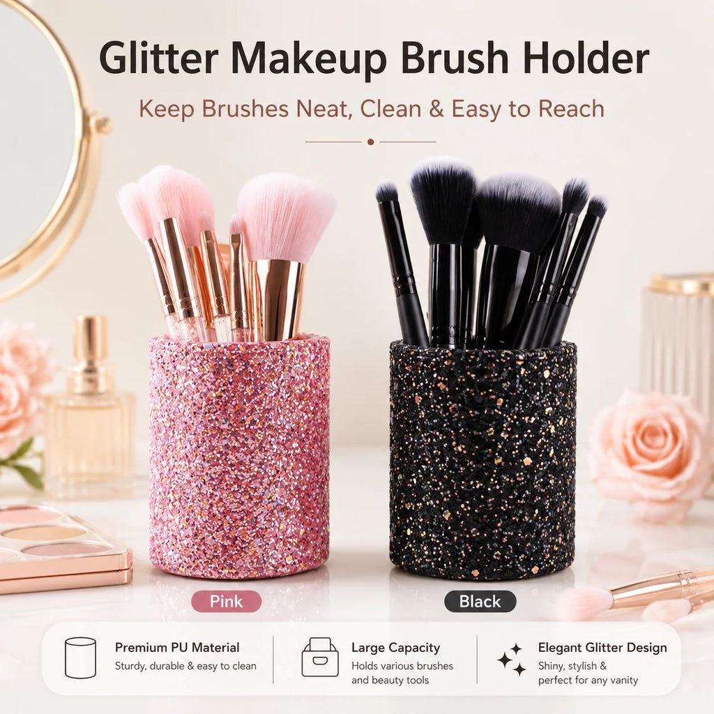 Glitter Makeup Brush Holder PU Organizer Cup | Pink & Black Makeup Brush Holder QXL