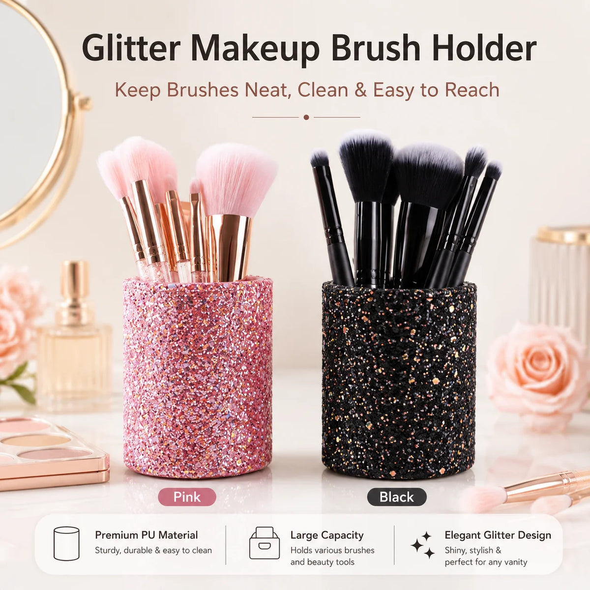 Glitter Makeup Brush Holder PU Organizer Cup | Pink & Black Makeup Brush Holder QXL