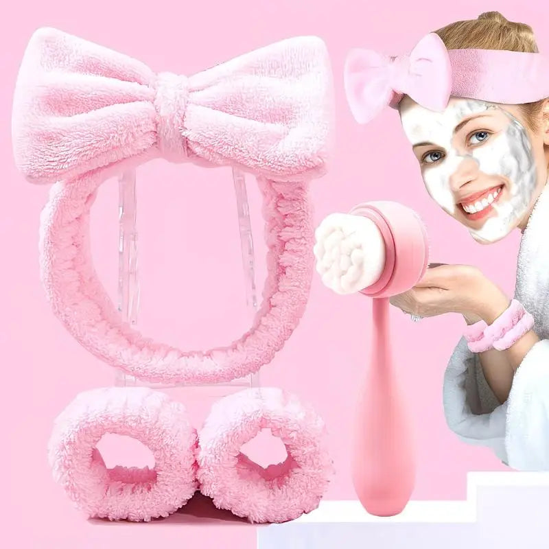 4-Pc Silicone Face Scrub Brush Set | Headband & Wristbands Facial Cleansing Brush Set QXL