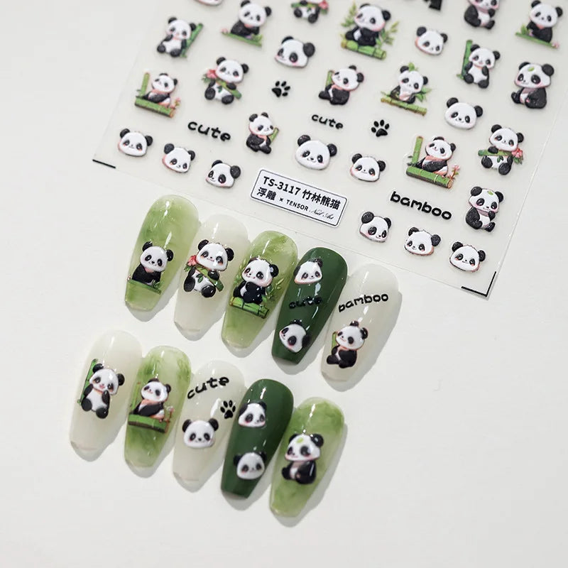 5D Embossed Panda Nail Stickers | Kawaii Bamboo Slider Decals Nail Art Stickers QXL