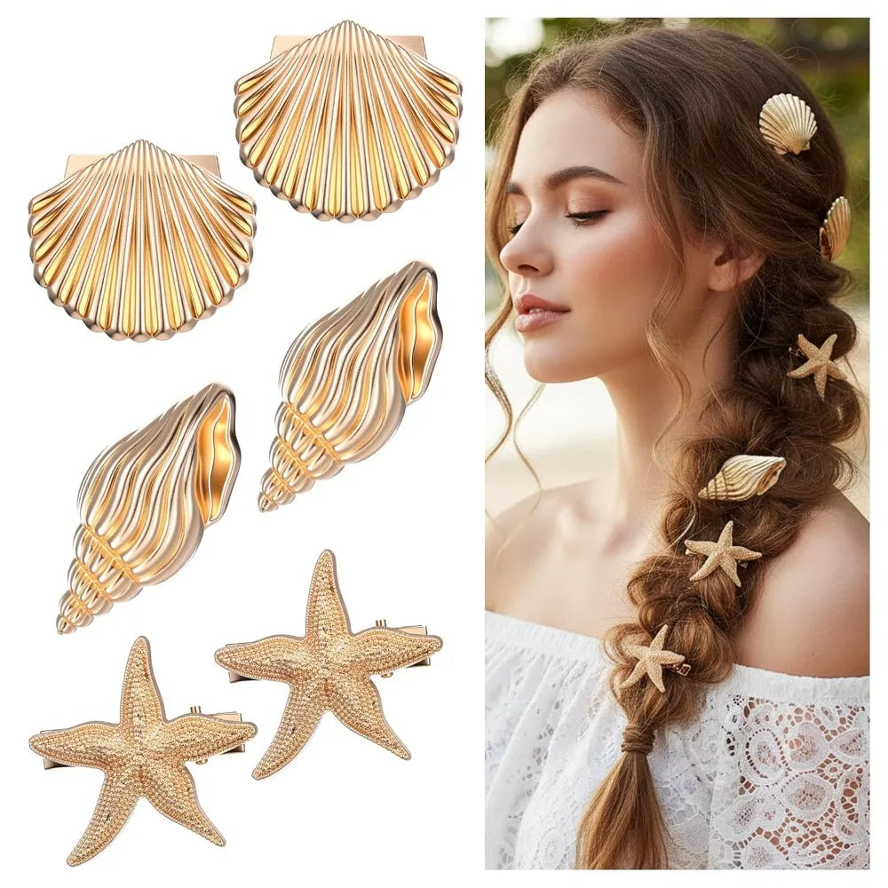 3-Pack Boho Seashell Starfish Hair Clips | Beach Barrettes Set Hair Clip Set QXL