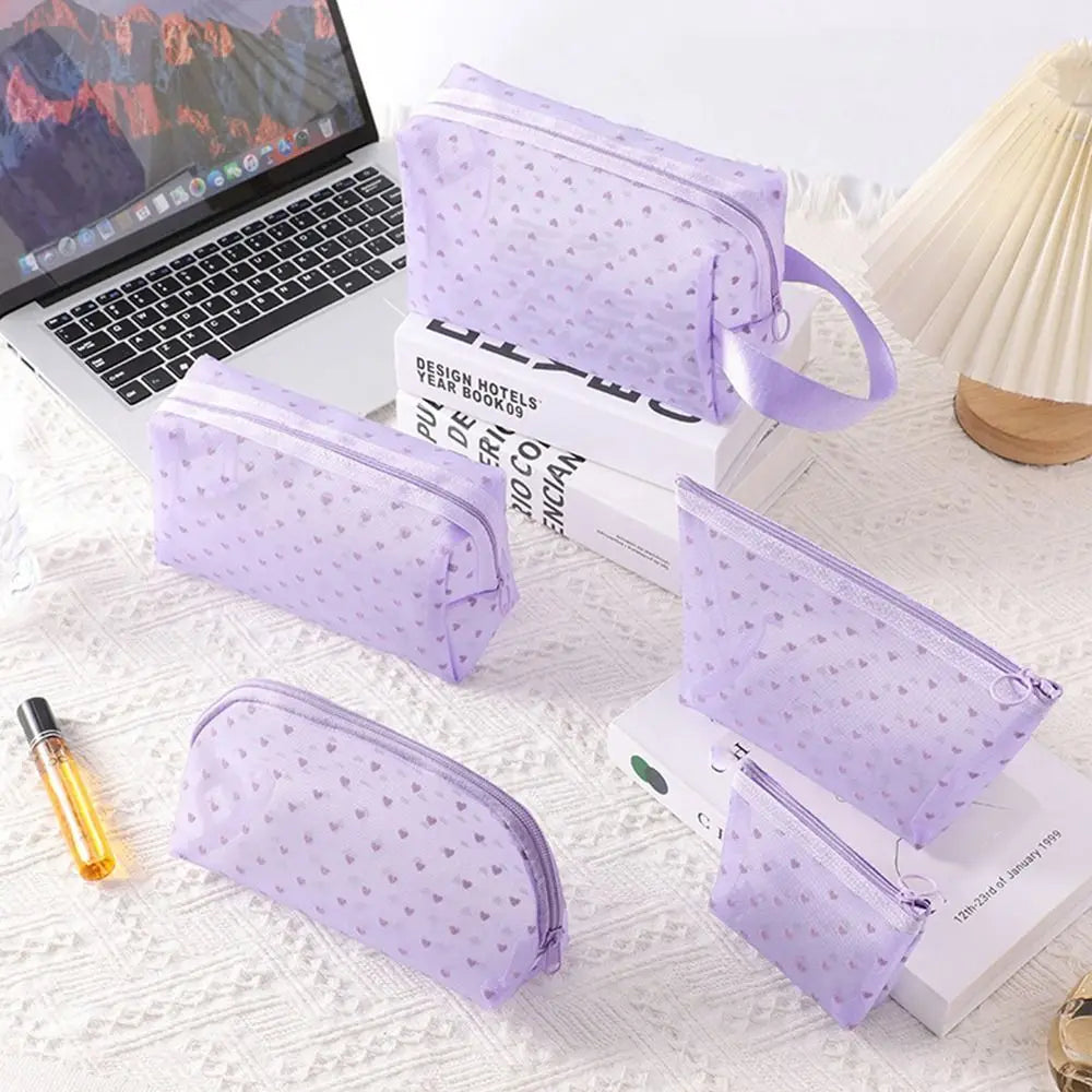 Heart Transparent Mesh Makeup Bag | Cosmetic Organizer Pouch Cosmetic Organizer Bag QXL