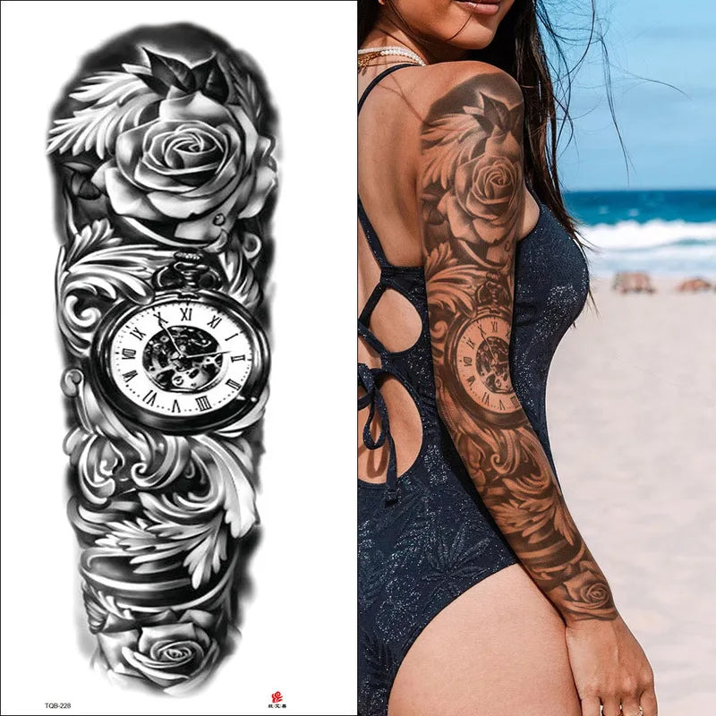Full-Arm Black & White Sketch Temporary Tattoo Stickers Temporary Tattoo Sticker QXL