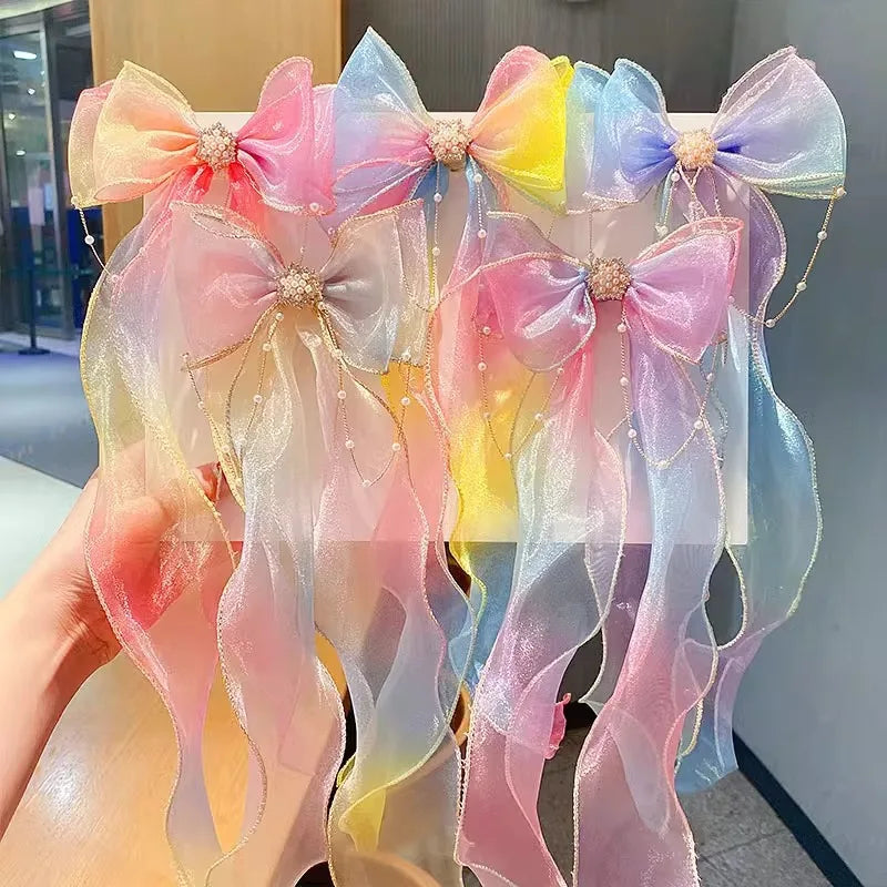 Mesh Bow Hair Clips for Girls – Faux Pearl Tassel Decoration Kids Hair Clip QXL