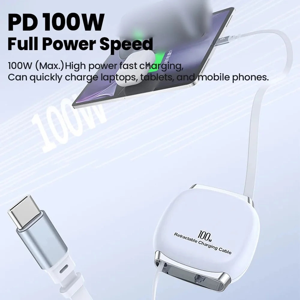 100W USB-C Retractable Fast Charging Cable 1M | iPhone & Samsung USB-C Charging Cable QXL