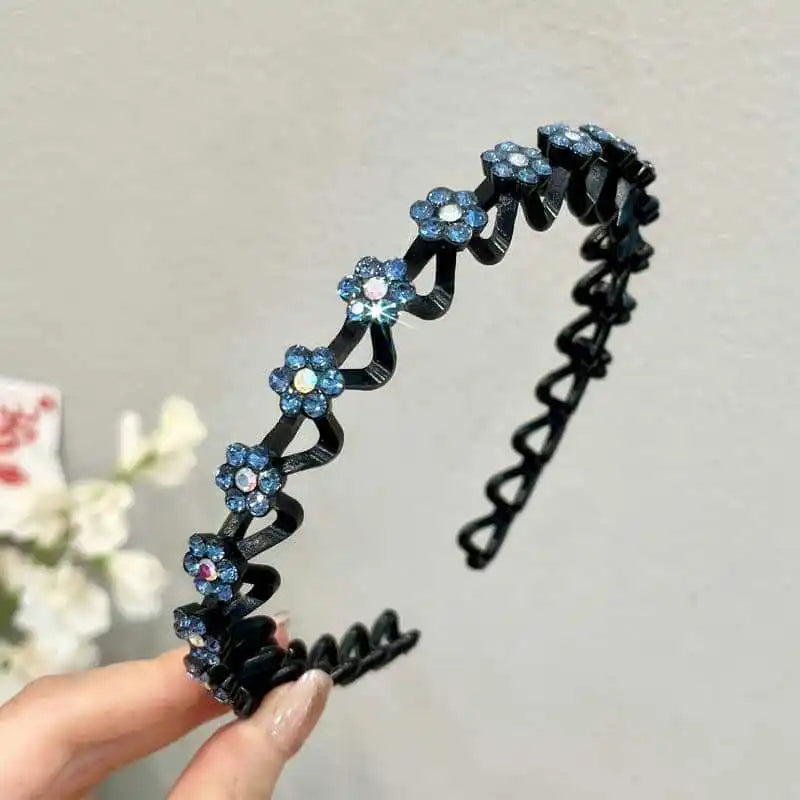 Rhinestone Non-Slip Wave Headband for Women & Girls Rhinestone Headband QXL Blue