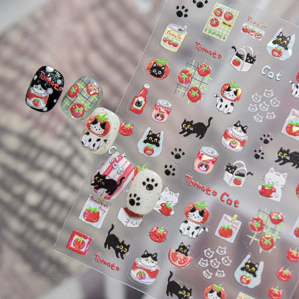 5D Cat & Cartoon Food Nail Stickers | Paw Print Decals DIY Nail Art Stickers QXL