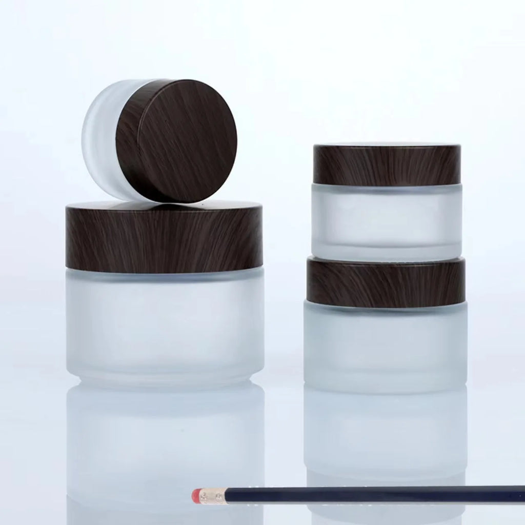 Frosted Glass Cosmetic Bottle with Wood Grain Lid | Travel Cosmetic Storage Jar QXL