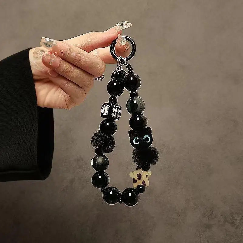 Black Fluffy Cat Phone Strap | Beaded Wrist Chain & Bag Charm Phone Wrist Strap QXL