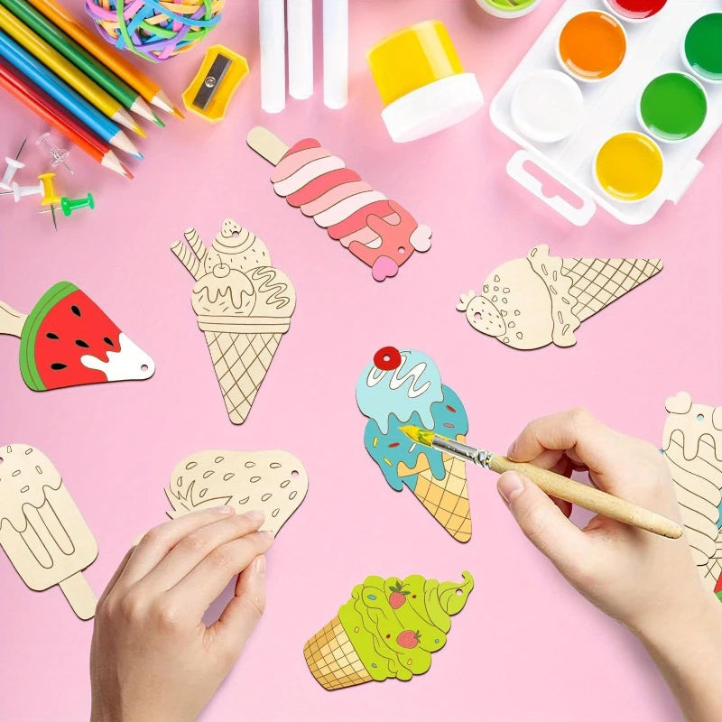 Wooden Ice Cream Ornaments DIY Craft Set | 8/16/24 Pcs for Kids DIY Wood Craft Kit QXL