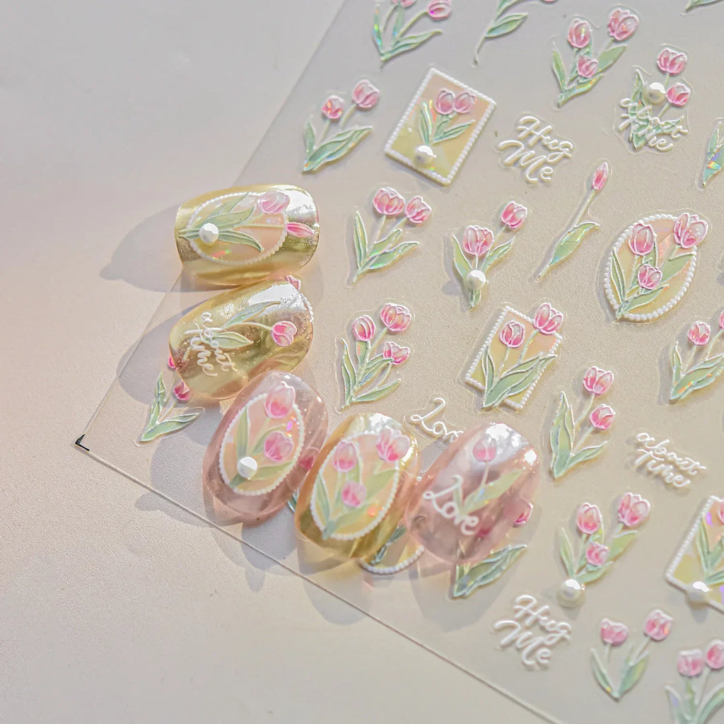 5D Floral Nail Stickers | Gold Leaf Tulip Manicure Decals Nail Art Stickers QXL