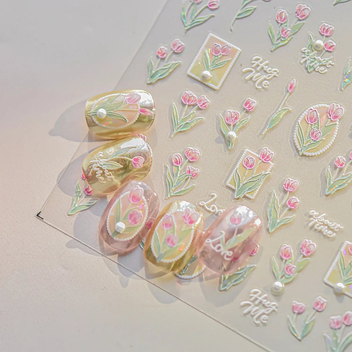 5D Floral Nail Stickers | Gold Leaf Tulip Manicure Decals Nail Art Stickers QXL