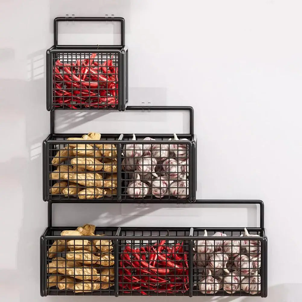 Wall-Mounted Iron Storage Basket Rack | Kitchen & Bath Organizer Wall Storage Rack QXL