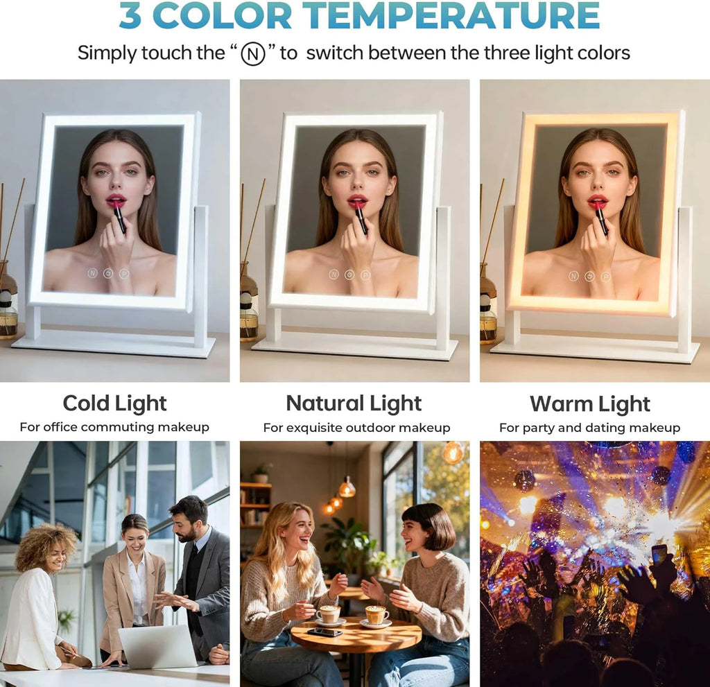 Hollywood Vanity Mirror – 10X Magnifier & 3-Color Dimmable Light Lighted Makeup Mirror QXL