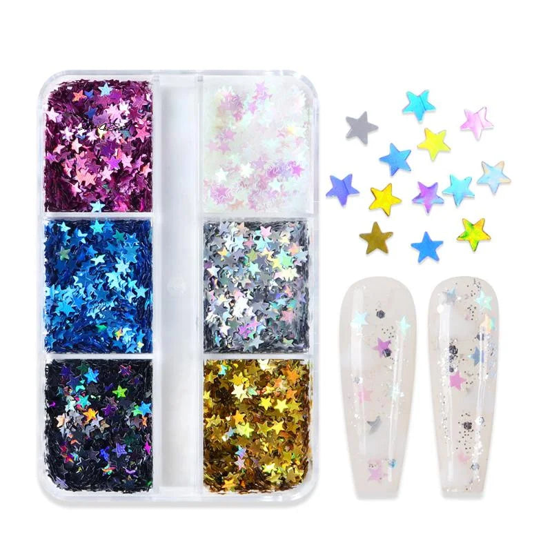 3D Laser Star Nail Sequins | Colorful DIY Gel Nail Art Charms Nail Art Sequins QXL