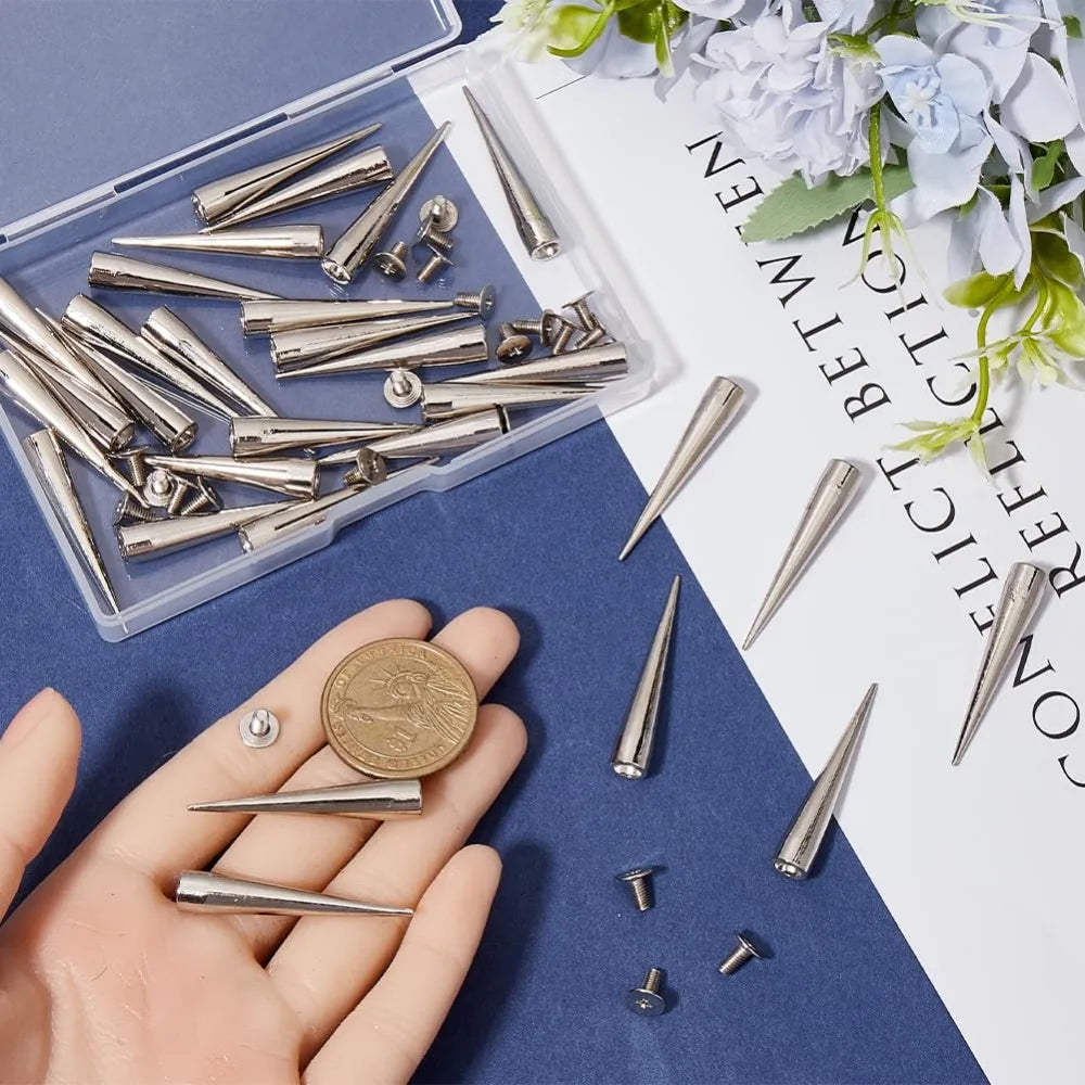 40mm Silver Cone Spike Studs | 30-Set Punk Screwback Rivets Punk Spike Studs QXL