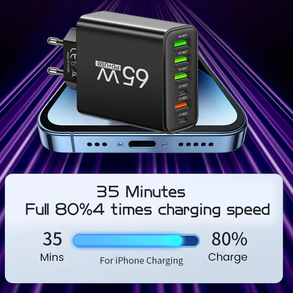 65W 6-Port USB-C Fast Wall Charger | EU & US Plug USB Wall Charger QXL