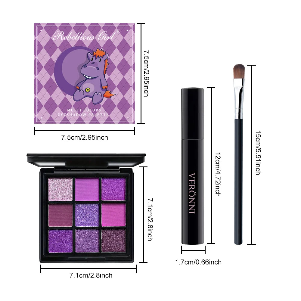 9-Shade Purple Eyeshadow Palette, Mascara & Brush Set Eye Makeup Set QXL 3pcs