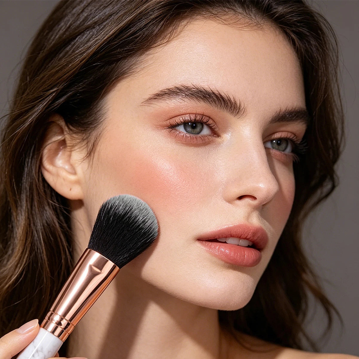 3-Piece Powder & Blush Brush Set | Marble Handle Rose Gold Makeup Brush Set QXL