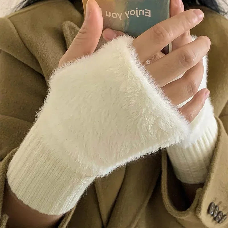 Women's Fleece Half Finger Gloves | Warm Knit Wrist Mittens Fingerless Winter Gloves QXL