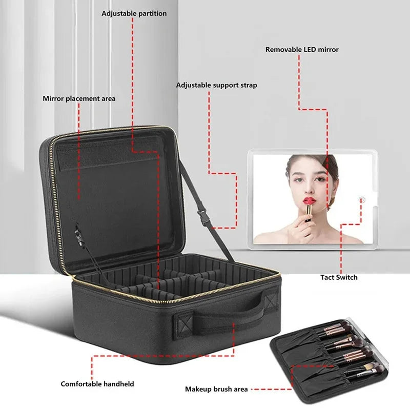 Smart LED Makeup Case with Mirror | Large Travel Cosmetic Bag Travel Cosmetic Case QXL