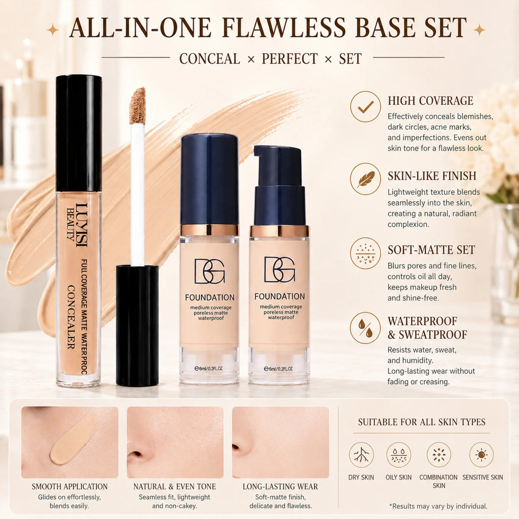 2-Pc Waterproof Concealer & Foundation Set | Full Coverage Matte Foundation & Concealer Set QXL