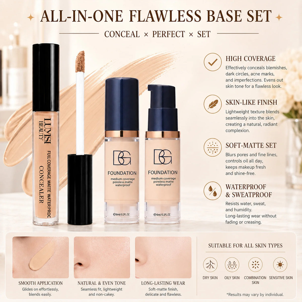2-Pc Waterproof Concealer & Foundation Set | Full Coverage Matte Foundation & Concealer Set QXL