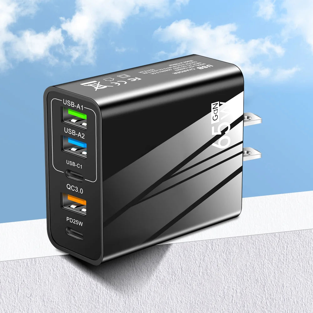 GaN 65W 5-Port USB Wall Charger | PD & QC 3.0 Fast Charge USB Wall Charger QXL US Black Plug