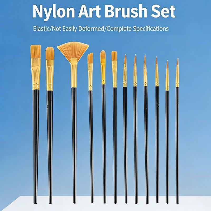 12-Pc Flat Nylon Paint Brush Set | Watercolor, Oil & Acrylic Paint Brush Set QXL